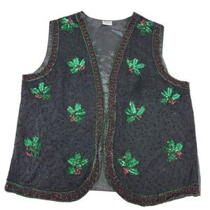 Vintage 90s Holly Christmas Vest Beaded Holiday Party Ugly Sweater Medium Black